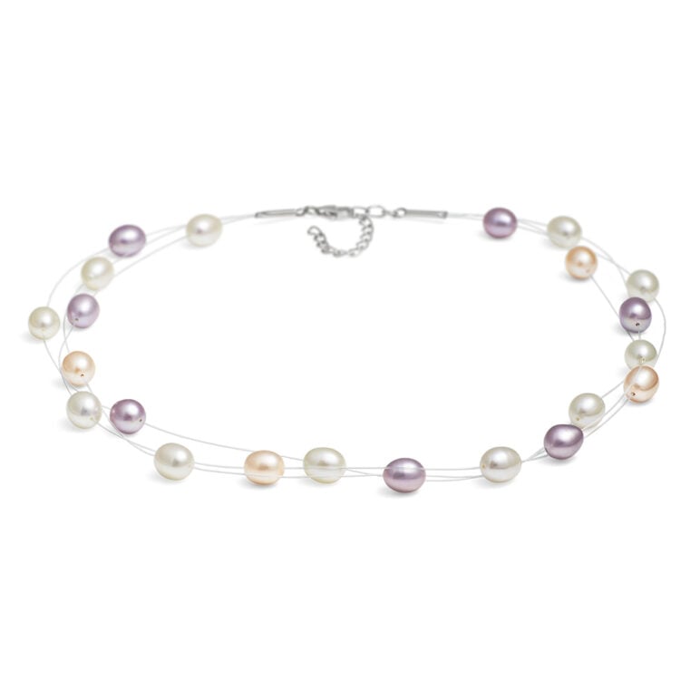 Multi Natural Oval Freshwater Pearl Necklace on Double Row Nylon Thread with Sterling Silver