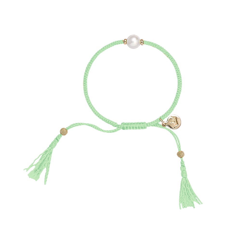 Jersey Pearl Mint Tassel Bracelet. Single Freshwater Pearl on colourful thread made from just recycled plastic bottles.