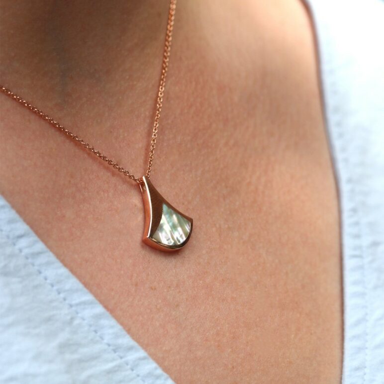 women wearing Jersey Ormer rose gold plated sterling silver pendant