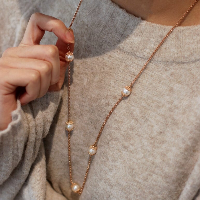 Model wearing Emma-Kate Long Freshwater Pearl Necklace with Rose Gold Plated Sterling Silver.