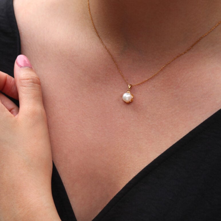 Model wearing Jersey Pearl Akoya Flower Pendant 9ct Yellow Gold