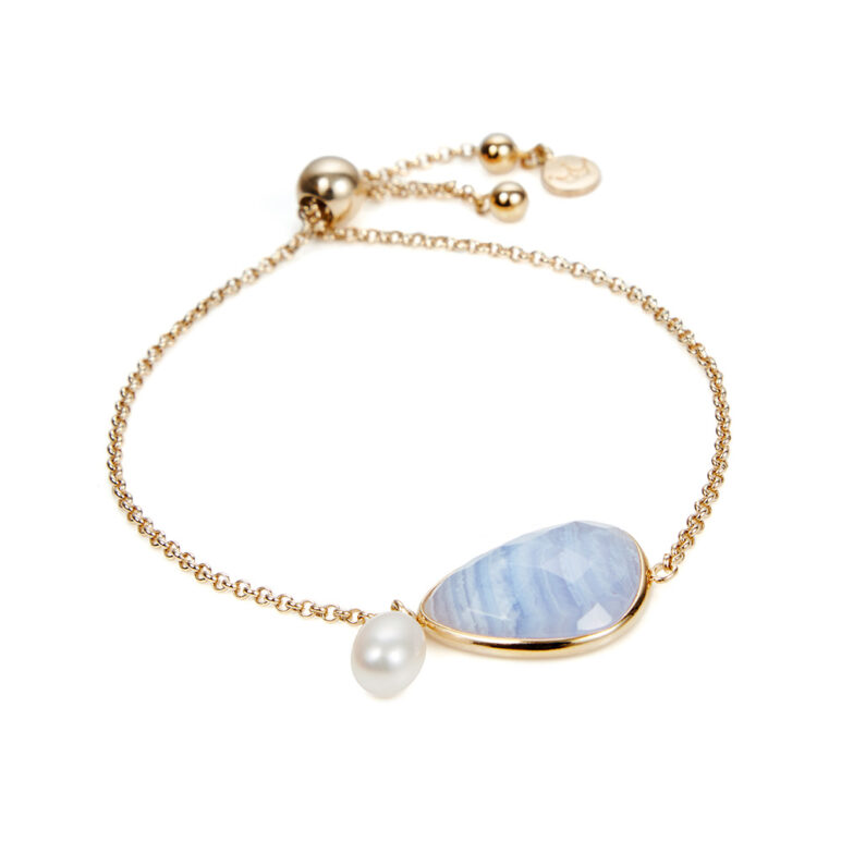 Blue Lace Agate and Pearl Yellow Gold Slider Bracelet