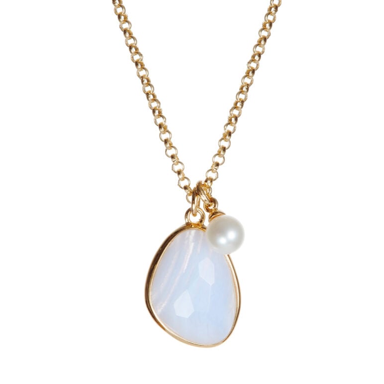 Blue Lace Agate and Pearl Yellow Gold Pendant