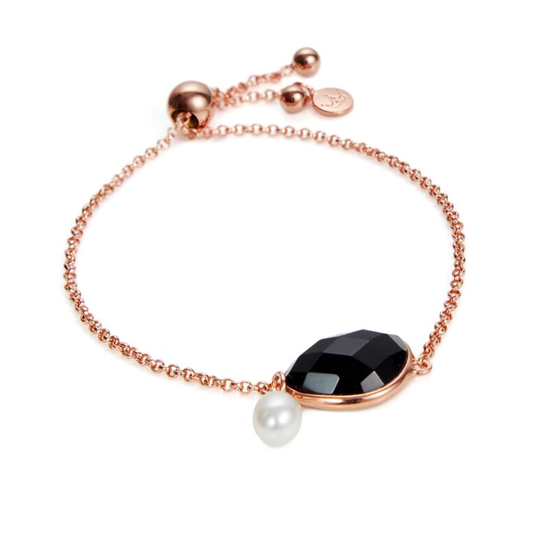 Black Agate and Pearl Rose Gold Slider Bracelet