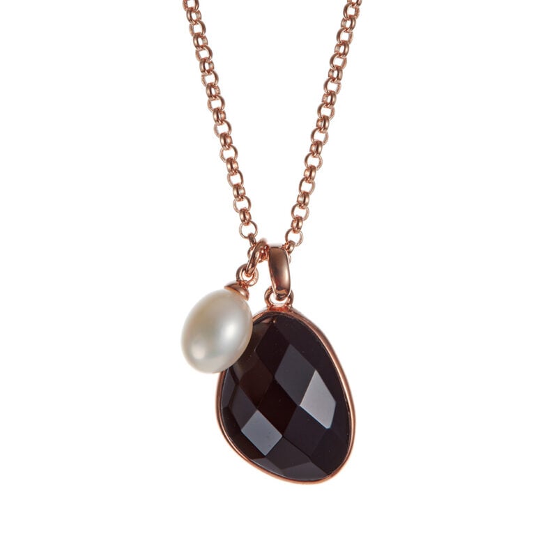 Black Agate and Pearl Rose Gold Pendant