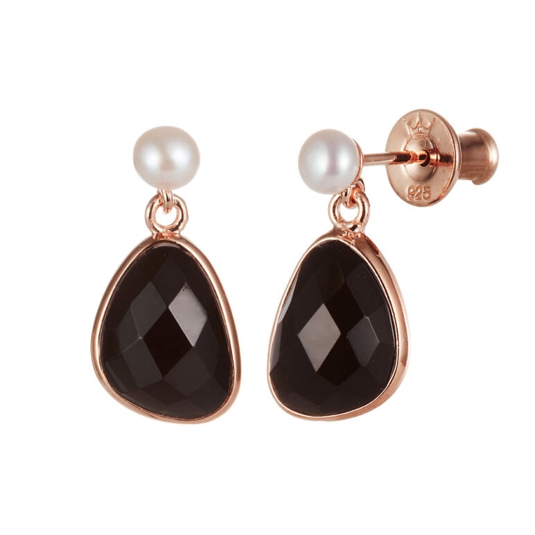 Black Agate and Pearl Rose Gold Drop Earrings