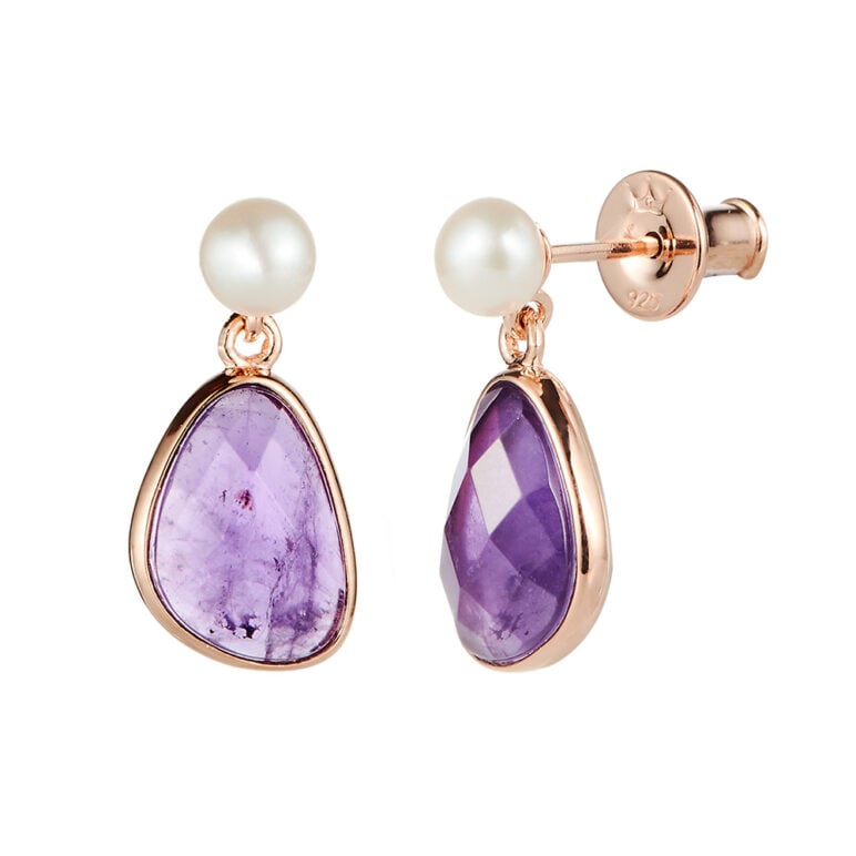 Amethyst and Pearl Rose Gold Drop Earrings